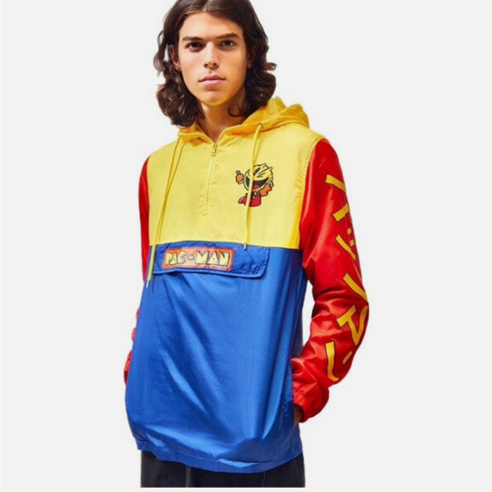 PAC-MAN HALF ZIP RED BLUE YELLOW PULLOVER WINDBREAKER HOODIE GREAT COND MED